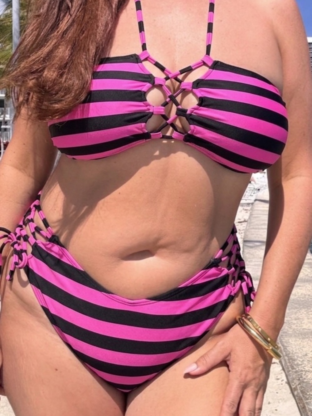 Curvy Beach Striped Black and Pink Lace-Up Bandeau Bikini Top Plus Size 3X